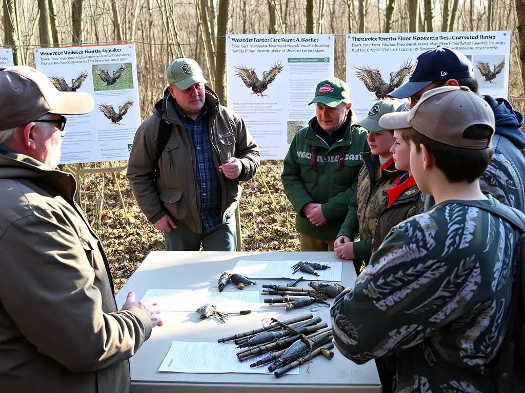 A photograph of a group of hunters participating in a workshop on sustainable hunting practices, emphasizing the importance of ethical and responsible hunting.