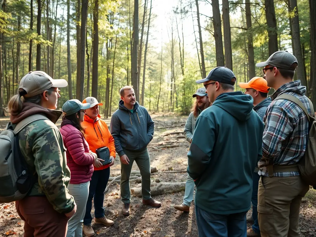 A group of hunters participating in a training session on responsible hunting practices in a forest setting, focusing on safety and ethical considerations.