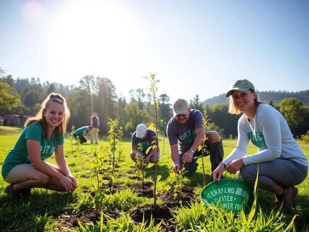A picturesque scene of a group of volunteers planting trees in a deforested area, symbolizing the association's commitment to reforestation and habitat restoration.