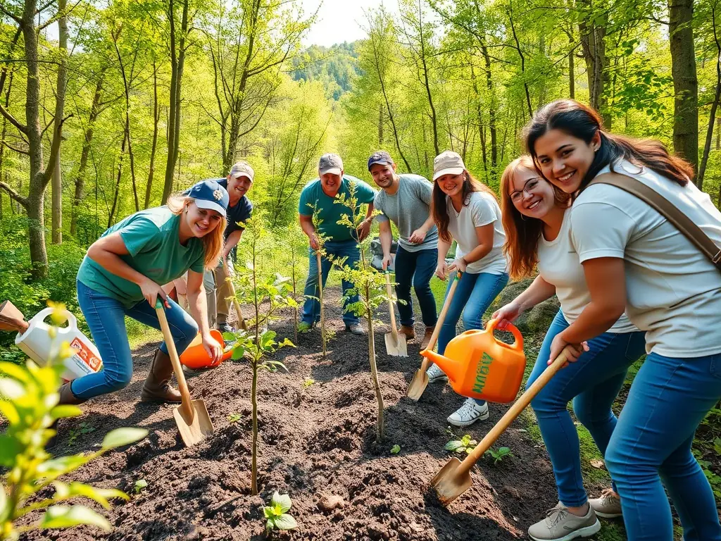 Volunteers planting trees as part of a reforestation project organized by ASSOCIATION AMICALE DE CHASSE D'ABLON, emphasizing the importance of habitat restoration.